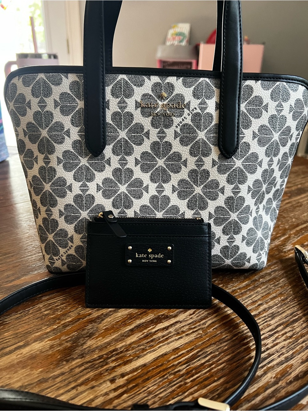 kate spade Black & White  small Floral Tote with Black Card Wallet